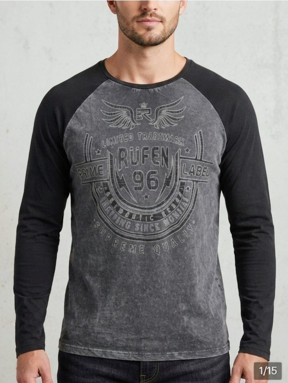 🇨🇦 NWT RUFEN Grey Acid Wash Black Raglan Graphic Long Sleeve Top XL